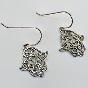Hamsa Earrings Vintage Sterling Silver: Dangles Pierced Filagree Boho